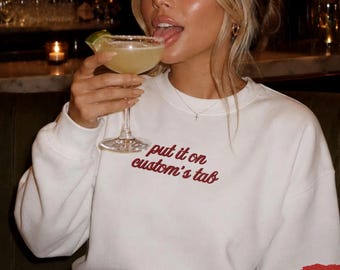 Put It On Custom's Tab Embroidered Sweater, Wedding Honeymoon Outfit, Wifey Top, Bachelorette Sweatshirt, Bridal Engagement Gift