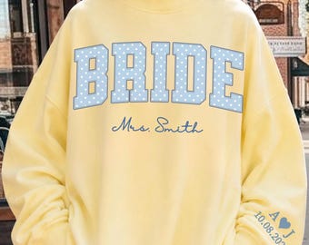 Bride Polka Dots Font Mockneck Sweatshirt, Future Mrs Wedding Honeymoon Outfit, Bridal Shower Gift, Bachelorette Party Crewneck, Engagement