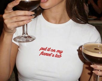Put It On My Fiancé's Tab Bridal Embroidered Baby Tee, Wedding Honeymoon Outfit, Future Mrs Top, Y2K Bachelorette Tee, Engagement Gift