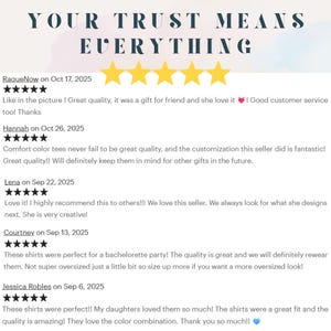 May include: Image with the text "YOUR TRUST MEANS EVERYTHING" above five gold stars. Below are customer reviews with dates, star ratings, and comments about product quality, customization, and service.