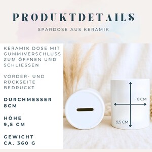 May include: A white ceramic piggy bank with a slot for inserting coins. The bank is cylindrical, with a diameter of 8 cm and a height of 9.5 cm. The weight is approximately 360 g. The text "PRODUKTDETAILS" is at the top.