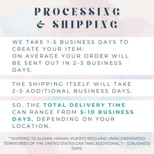 May include: A white informational graphic with dark blue text titled PROCESSING & SHIPPING. It outlines business day timeframes for item creation, order dispatch, and delivery, including a note about shipping to specific U.S. territories.