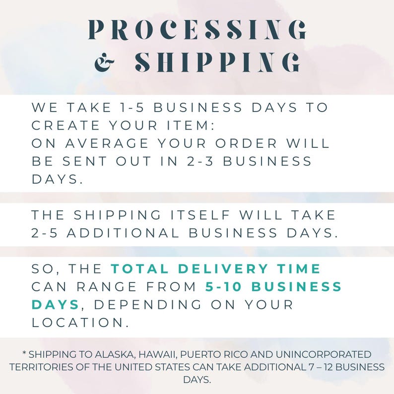 May include: A white informational graphic with dark blue text titled PROCESSING & SHIPPING. It outlines business day timeframes for item creation, order dispatch, and delivery, including a note about shipping to specific U.S. territories.