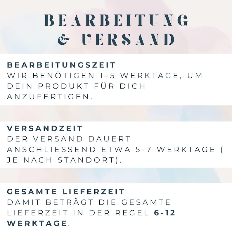 May include: A white and light blue graphic with German text detailing processing and shipping times. The text includes phrases like "processing time," "shipping time," and "total delivery time."