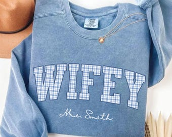 Wifey Plaid Font Comfort Colors Sweatshirt, Future Mrs Wedding Honeymoon Outfit, Bridal Shower Gift, Bachelorette Party Crewneck