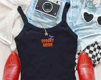 Spooky Bride Spooky Vibe Embroidered Baby Tee, Halloween Bachelorette Tee, Spooky Bride Wedding Honeymoon Outfit, Y2K Bridal Engagement Gift