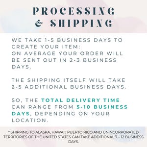 May include: Text on a white background with watercolor accents. The text reads "PROCESSING & SHIPPING" followed by details on order processing and delivery times, ranging from 5-10 business days.
