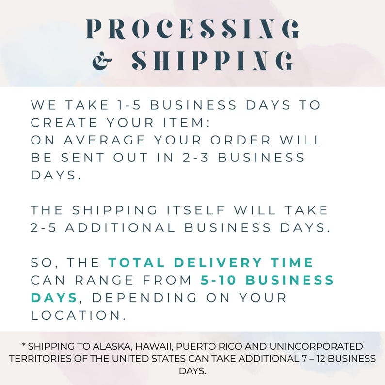 May include: Text on a white background with watercolor accents. The text reads "PROCESSING & SHIPPING" followed by details on order processing and delivery times, ranging from 5-10 business days.