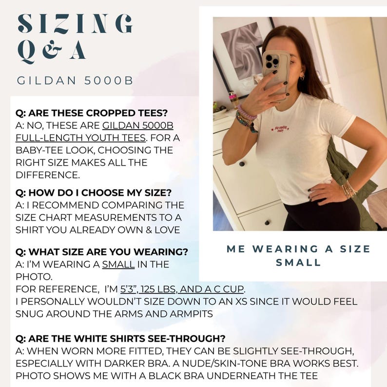 May include: A white Gildan 5000B youth t-shirt with short sleeves and a crew neckline. The text on the image provides sizing information, including Q&A about the fit, length, and transparency of the shirt, noting the wearer is in a size small.