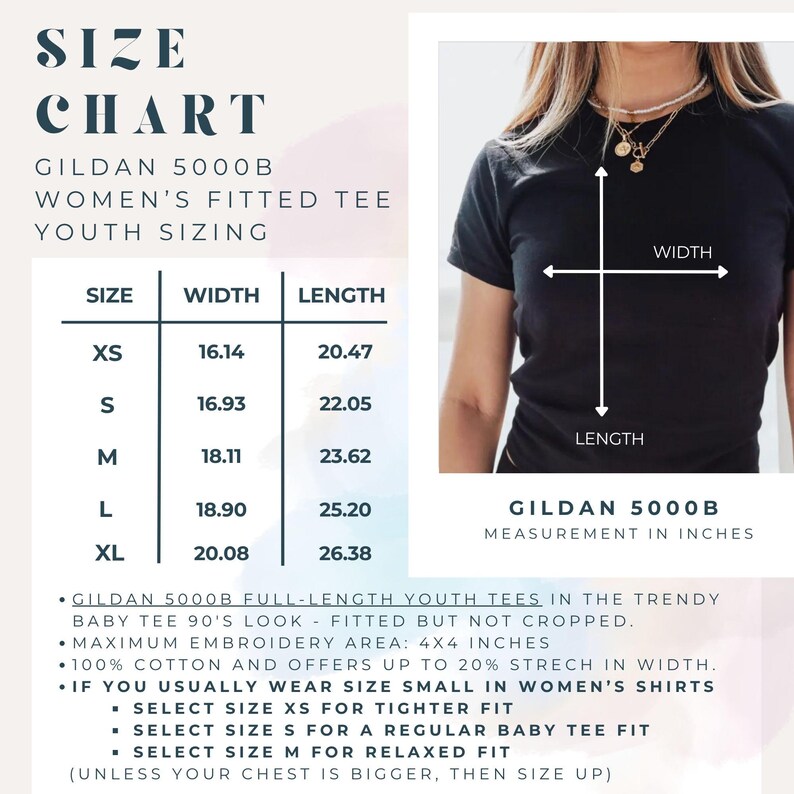 May include: A size chart for the Gildan 5000B fitted tee in youth sizing, featuring a table with width and length measurements in inches for sizes XS through XL. The graphic includes a photo of a black t-shirt with width and length arrows.