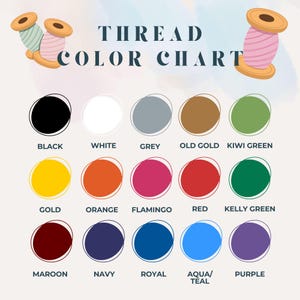 May include: A thread color chart featuring the text THREAD COLOR CHART and illustrations of three spools of thread. Below are fifteen circular color swatches labeled black, white, grey, old gold, kiwi green, gold, orange, flamingo, red, kelly green, maroon, navy, royal, aqua/teal, and purple.