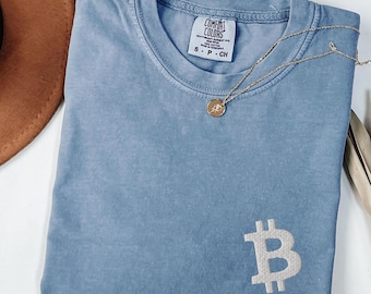 Bitcoin Embroidered Shirt, Comfort Colors® Crypto Tee, Small BTC Logo Top, Bitcoin to the Moon, Trader Gift, Satoshi BTC Streetwear Unisex