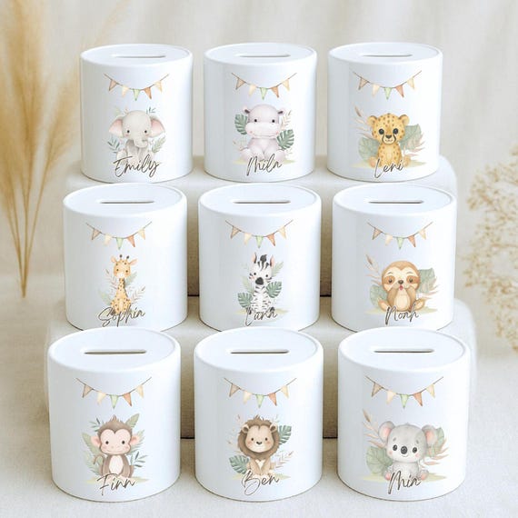 personalisierte Keramik Kinder Baby Spardose mit Namen als Geschenk zur Geburt, Taufe, Taufgeschenk, Geburtstag, Weihnachten