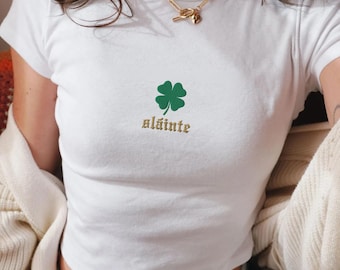 Embroidered Slainte St Patricks Day Shirt Women Baby Tee, Shamrock Irish Shirt, Inappropriate Shenanigans, Womens St Pattys Day Tee