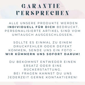 May include: White background with text in a dark teal color. The text reads "GARANTIE - VERSPRECHEN" and further details about product printing, personalized items, and what to do if there is a printing error or defect.