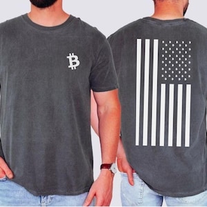 Bitcoin Shirt Unisex, Crypto Tee, Small BTC Logo, Bitcoin Flag Back, Bitcoin Trader Gift, Soft Vintage Look, Unisex Streetwear Tee, Satoshi