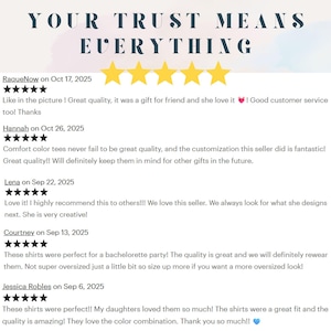 May include: Image with the text "YOUR TRUST MEANS EVERYTHING" above five gold stars. Below are customer reviews with dates, star ratings, and comments about product quality and customer service.