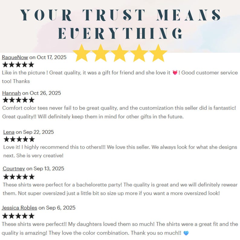 May include: Image with the text "YOUR TRUST MEANS EVERYTHING" above five gold stars. Below are customer reviews with dates, star ratings, and comments about product quality and customer service.