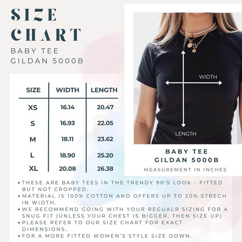 May include: A size chart for a Gildan 5000B baby tee, with measurements in inches. The chart lists sizes XS to XL, with corresponding width and length measurements. The image also shows a person wearing the tee, with width and length indicators.