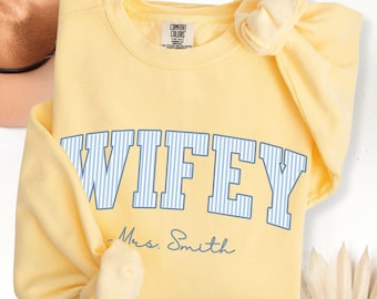 Wifey Stripes Font Comfort Colors Sweatshirt, Future Mrs Wedding Honeymoon Outfit, Bridal Shower Gift, Bachelorette Party Crewneck