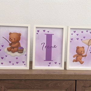 Set de 3 láminas personalizadas para decorar habitación infantil Dulces ositos con corazones. Regalo de nacimiento, baby shower, cumpleaños.