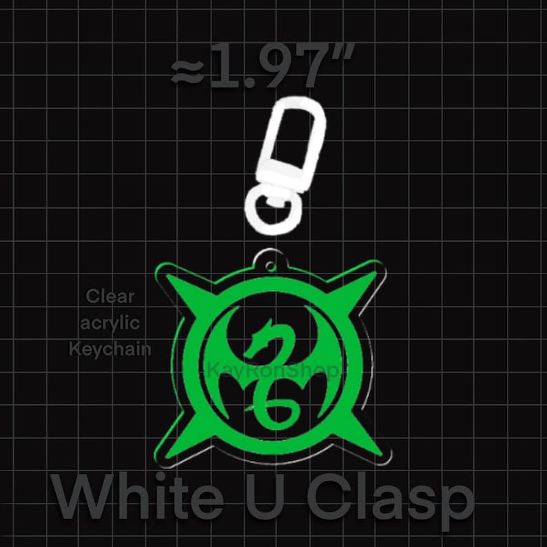 May include: Clear acrylic keychain with a green dragon design, approximately 1.97 inches in height, and a white U clasp. The keychain has the text "KayKonShop" and "White U Clasp".