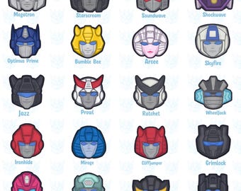 May include: A set of 20 colorful cartoon robot head illustrations. Each robot head has a unique design and color scheme. The robot heads are arranged in a grid pattern.