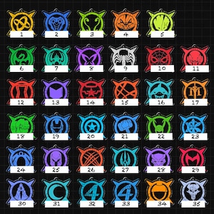 May include: A collection of 35 colorful acrylic keychains featuring various superhero symbols and logos. Each keychain has a unique design and number, ranging from 1 to 35, with a black background. The keychains are in various colors, including red, blue, green, and orange.