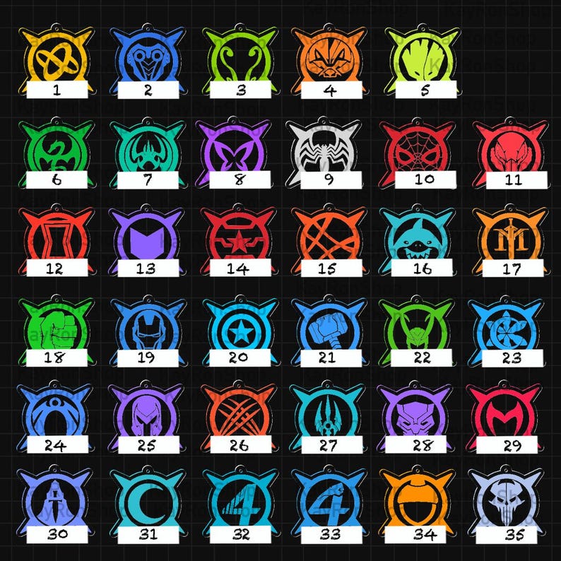 May include: A collection of 35 colorful acrylic keychains featuring various superhero symbols and logos. Each keychain has a unique design and number, ranging from 1 to 35, with a black background. The keychains are in various colors, including red, blue, green, and orange.