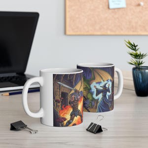 Fantasy Adventure Ceramic Mug | Dragon Battle Design | Perfect Gift for Gamers, RPG Fans, Birthdays, D&D Nights, and Coffee Lovers