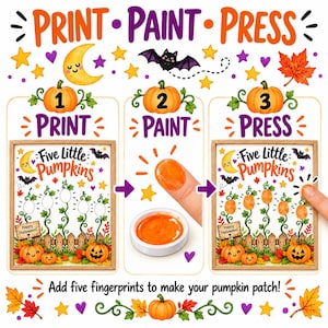 May include: A Halloween-themed craft kit featuring a framed print with the text Five Little Pumpkins and Happy Halloween. The instructions show three steps: Print, Paint, and Press, demonstrating how to add five orange fingerprints to create a pumpkin patch. The design includes a crescent moon, a bat, stars, autumn leaves, and a wooden fence.