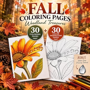 Könnte beinhalten: Eine digitale Sammlung mit dem Titel Fall Coloring Pages Woodland Treasures, die 30 Ausmalbilder und 30 Farbinspirationsseiten enthält. Das Set bietet ein Bonus-Tutorial zum Zeichnen von Wassertropfen und zeigt eine farbige und eine Strichzeichnung.