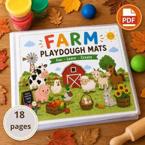 May include: A Farm Playdough Mats book with 18 pages featuring colourful illustrations of a red barn, a windmill, and various farm animals including a cow, pig, chicken, duck, sheep, goat, rabbit, and horse, with the text Fun, Learn, Create.