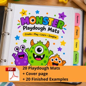 Może przedstawiać: Segregator zawierający zestaw aktywności Monster Playdough Mats. Okładka przedstawia kolorowe potwory z kreskówek, gwiazdki oraz tekst Monster Playdough Mats, Create, Play, Learn, Imagine. Zakładki z boku są oznaczone jako Monsters, Shapes, Colors, Numbers.