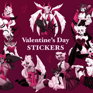 Puede incluir: Una colección de pegatinas de San Valentín con ilustraciones estilizadas de personajes con cuernos, alas y varios atuendos en tonos de rojo, rosa, negro y blanco. El texto "Valentine's Day STICKERS" se muestra en el centro.