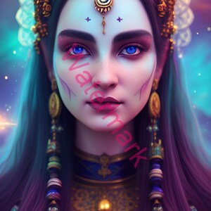 May include: A woman with long purple hair wears a gold crown and a blue and gold necklace. She has blue eyes and a light blue face with gold accents. She is holding a glowing gold orb with intricate designs.