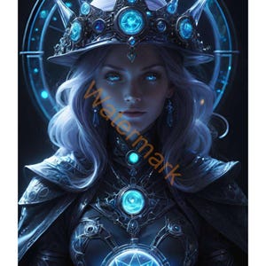 Puede incluir: Una mujer con el pelo largo y blanco lleva una corona con gemas azules y una túnica azul oscuro con una gran estrella azul brillante en el centro. El fondo es azul oscuro.