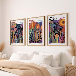Yayoi Kusama Inspired Framed Pumpkin and Floral Wall Art Colorful Abstract Poster for Living Room Bedroom or Halloween Home Decor