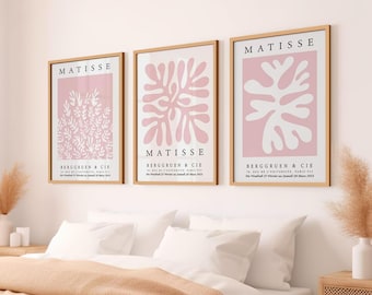 May include: Three framed art prints with pink backgrounds and white abstract floral designs. The prints are titled "MATISSE" and include the text "BERGGRUEN & CIE" and the date "27 Janvier au 28 Mars 1953".