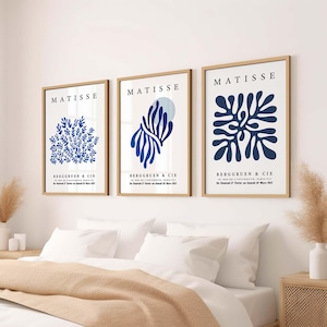 Set of 3 Posters Print Henri Matisse White And Blue Colors Wall Art Decor Multi Panel Triptych, Paper, Framed