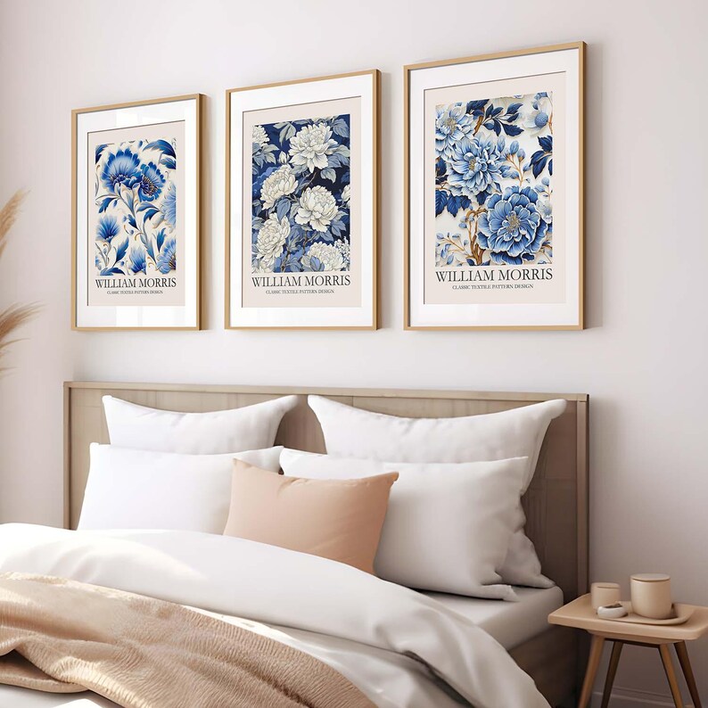 May include: Three framed prints with blue and white floral designs. The prints are titled "William Morris" and feature classic textile patterns.