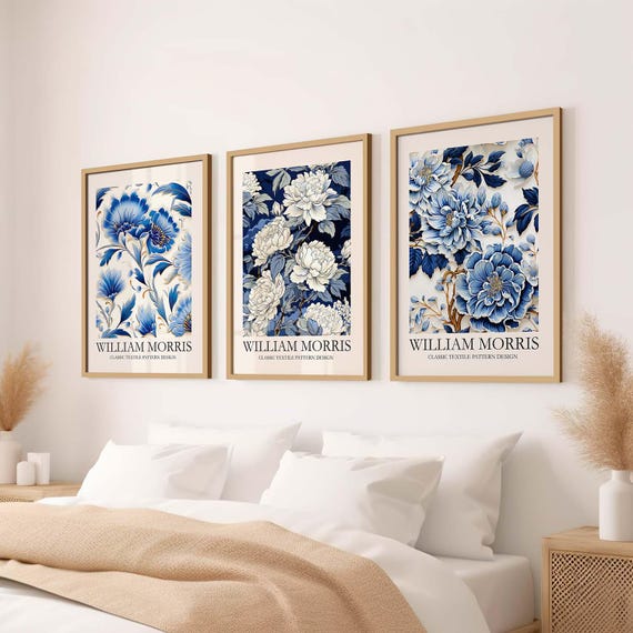 William Morris Blue Floral Wall Art Set Framed Vintage Botanical Poster Classic Textile Pattern Chinese Style Peony Home Decor Print