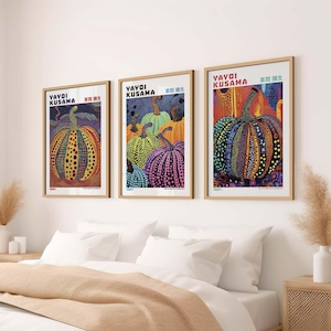 Yayoi Kusama Inspired Pumpkin Wall Art Set of 3 Framed Posters Colorful Abstract Dots Print Halloween Fall Decor Pop Art for Kitchen or Home