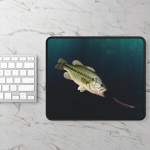 Bass Fishing Mouse Pad | Underwater Predator Desk Mat | Largemouth Bass Strike Art | Lake House Decor | Fisherman Gift for Men