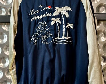 Disney Mickey Mouse &#39;Los Angeles&#39; Navy/Gold Satin Bomber Jacket | Rare