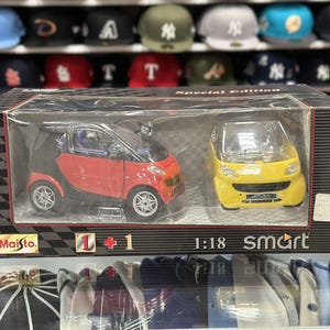 1/18 Smart Car-bundel rood en geel Vintage Maisto | Zeer zeldzaam