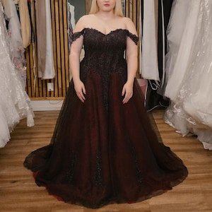 Gothic Black and Burgundy Wedding Dress with Lace, Off-Shoulder Corset Gown with Train | “Carmina” Gothic Bride Halloween Wedding