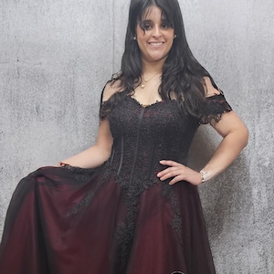 Gothic Black and Burgundy Wedding Dress with Lace, Off-Shoulder Corset Gown with Train | “Carmina” Gothic Bride Halloween Wedding