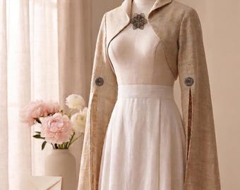 Elowen Elvish Bridal Cosplay Bolero Long Sleeve Wedding Jacket Linen or Polyester Bridal Cover Up Fantasy Wedding Top
