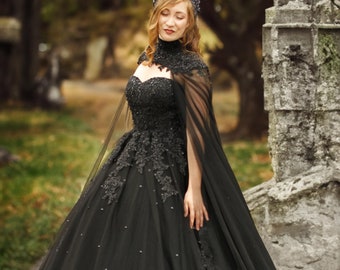 Klyah Gothic Black Wedding Dress, Strapless Sweetheart Ball Gown with Lace Appliqué & Beading, Detachable Cape, Dark Fairytale Bridal